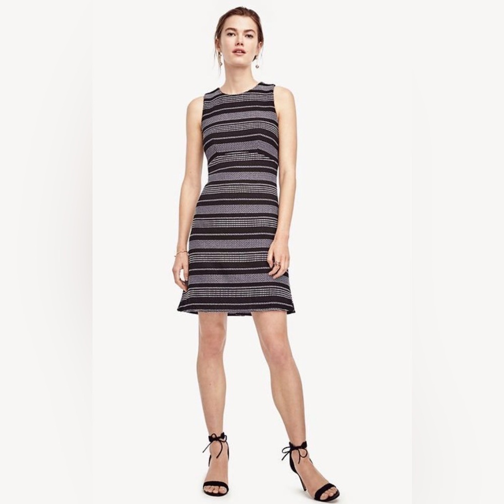 Ann Taylor Tweed Striped Black and White Curved Seam Sleeveless Dress